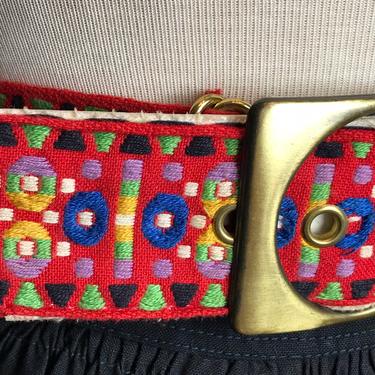 60’s colorful embroidery belt~ textiles~ woven design~ big brassy mod buckle~ boho hippie~ women’s size XLG plus / volup size 37”-39” waist 
