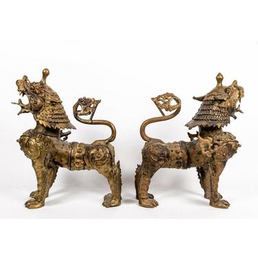 Antique Asian Tibetan Bronze Kylin Foo Dog Lion Sculptures - a Pair 