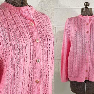 Vintage Pink Cardigan Cuddle Knit Acrylic Sweater Pastel Sleeve Bubblegum Thick Crew Button Front 1970s 70s Grannycore Grandmacore Large XL 