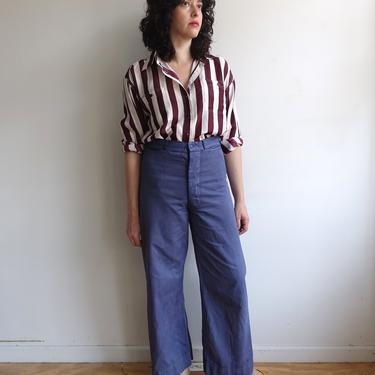 Vintage 70s Sailor Trousers/ 1970s Overdyed Button Fly White Sailor Pants/ Wide Leg Cropped High Waisted Cotton Twill/ Size 32 