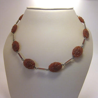 Vintage Art Deco 1920s Molded Carnelian Glass Choker Necklace with Floral Motif and Delicate Enamel Links 
