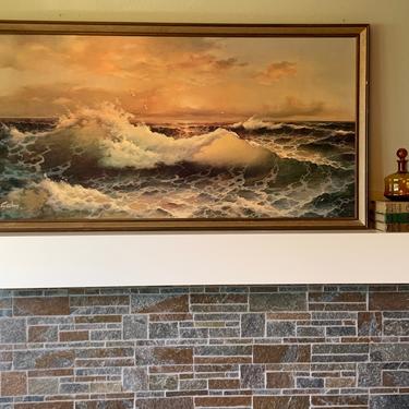 Huge Vibrant Vintage Signed &amp; Framed Ocean Painting Seascape Giclee 