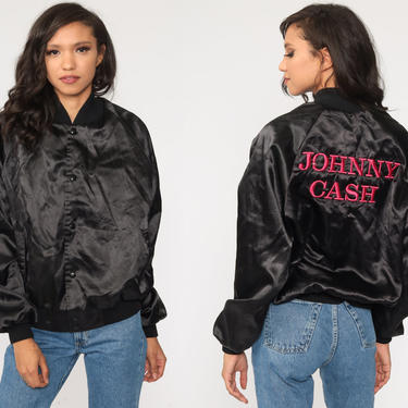 Johnny Cash Jacket Stadium Satin Bomber Jacket 80s Black Band Tour Jacket Embroidered Jacket 1980s Vintage Snap Up Large 