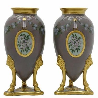 Antique French Louis XVI Style Porcelain Gilt Bronze Urn Vases Garniture Pair, Signed, C 