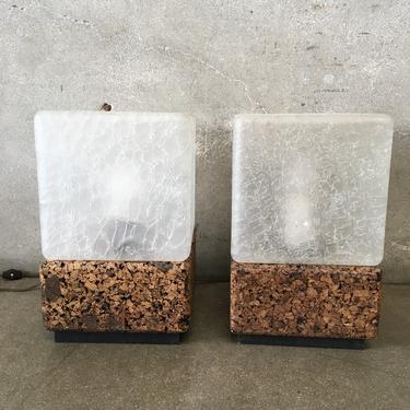Pair of 1970's Cork Base Cube Lamps