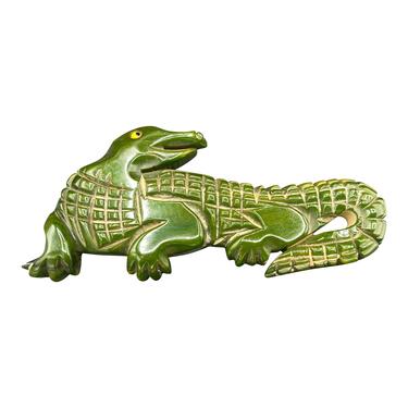 40s Deep Carved Dark Green Bakelite Alligator Brooch