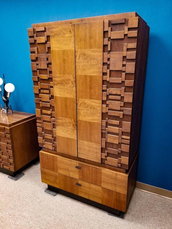                   Mid-Century Modern brutalist style armoire by Lane