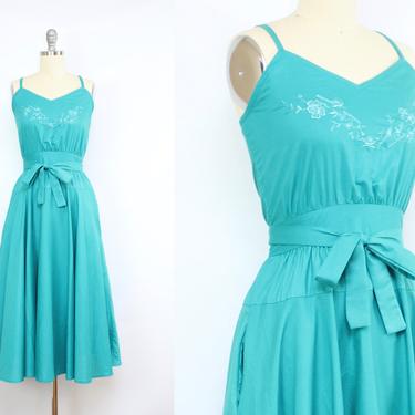 Vintage 80's 90's Turquoise Sun Dress / 1980's Summer Dress with Pockets / Women's Size Small by Ru