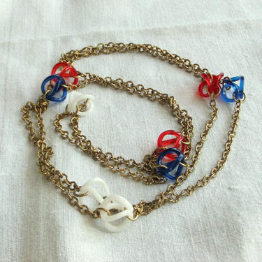 Vintage Red White Blue Lucite Necklace with Gold Chain - Mid Century Modern, Patriotic, Long, Flapper, Mod, Mad Men, Nautical, Long, July 4 
