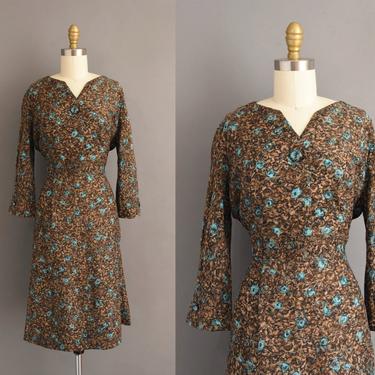 1950s vintage dress | Vogue Design Turquoise & Brown Floral Print Dress | Large | 50s dress 