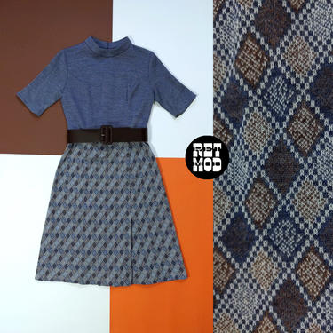 Classy Vintage 60s 70s Gray & Beige Plaid Patterned Mod Dress 