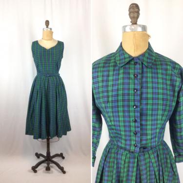 Vintage 50s dress suit | Vintage plaid fit and flare dress bolero jacket | 1950s Kay Windsor two piece dress suit 