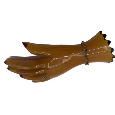 40s Butterscotch Bakelite Hand Brooch with Chain Detail