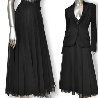 Vintage Black Chiffon Midi Swing Skirt Size Medium Sheer Skirt M 