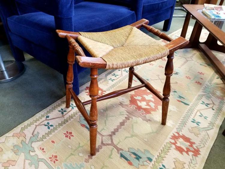 Vintage primitive stool with rattan seat