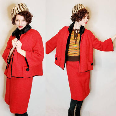 1960s Red Skirt Suit in Bouclé Wool /60s Swing Jacket and Matching Pencil Skirt Ensemble in Red Wool and Black Faux Fur /medium 