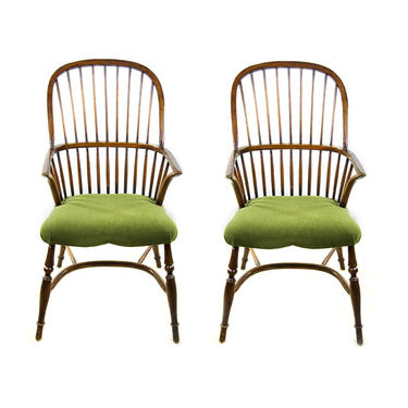 Wooden Bow Back Windsor Chairs with Green Upholstery - A Pair 