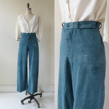 Vintage Overdyed Teal Sailor Pants/ High Waisted Button Fly Wide Leg Navy Trousers /Mending/ Size Small 26 