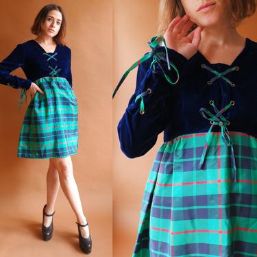 Vintage 60s Velvet and Plaid Lace Up Mini Dress/ 1960s Holiday Long Sleeve Party Dress/ Size Small 