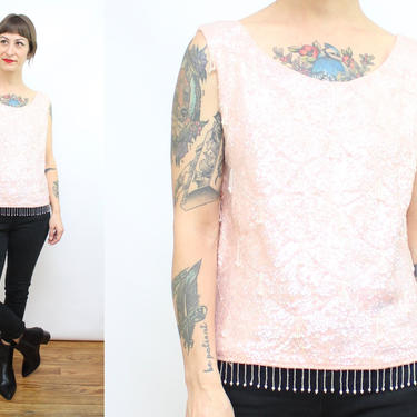 Vintage 60's Soft Pink Sequin Top / 1960's Sleeveless Sequined Blouse / Sparkly / Women's Size Small Medium Large by Ru