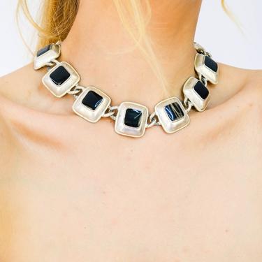 Vintage 80s Anne Klein Signed Silver & Black Enamel Choker Necklace | Statement Piece, Chunky Layering Necklace | 1980s Designer Jewelry 