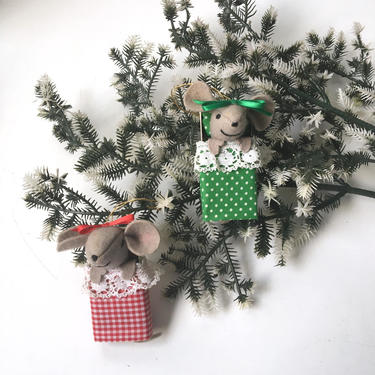 Mice in matchbox beds - set of 2 vintage 1970s Christmas ornaments 
