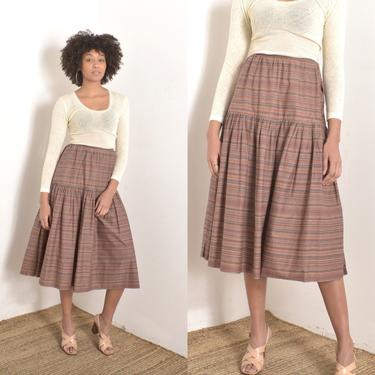 Vintage 1970s Skirt / 70s Striped Cotton Peasant Skirt / Brown Mauve ( small S ) 
