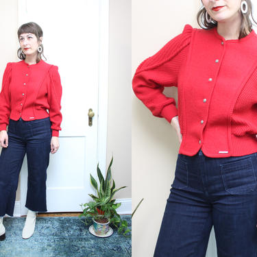 Vintage 80's Red GEIGER Cardigan Wool Sweater / 1980's Geiger Puff Sleeve Sweater / Folk / Women's Size Small - Medium by Ru