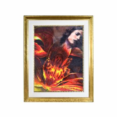 Yankel Ginzburg Original Painting Woman w Superimposed Fiery Red Flowers 