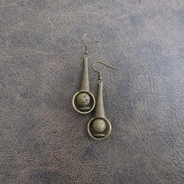 Druzy earrings, mid century modern earrings, Brutalist earrings, long minimalist earrings, unique artisan bronze earrings, geometric 2 