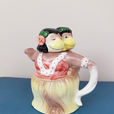 Vintage 1980's Novelty Teapot / 90s Dancing Monkey Hula Couple Knick Knack Ceramic 