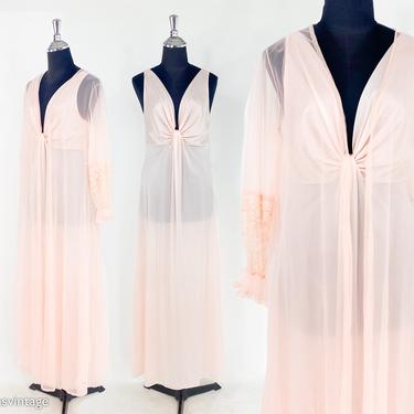 1970s Pale Pink Peignoir Set | 70s Pink Olga Gown | Pandora Sheer Robe | Small 