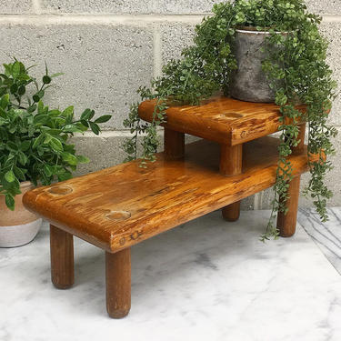 Vintage Plant Stand Retro 1970s Handmade + Mini Side Table + 2 Tiers + Brown Wood Frame + MCM Plant Display + Home Decor and Furniture 