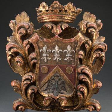 Antique European French Carved Painted and Gilt Wood Armorial Panel Heraldry Coat Of Arms Crest Double Headed Eagle Fleur-de-lis Crown 