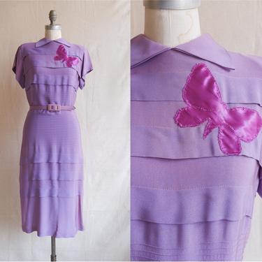 Vintage 40s Lavender Rayon Dress with Butterfly Applique/ 1940s Purple Pleated Pintucking Dress/ Size Small 28 