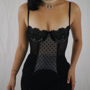 Vintage Black Lace + Polka Dot Detail Victoria’s Secret Bustier Top (34B/32C) 