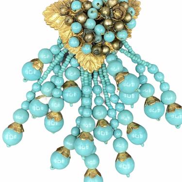 40s Dress Clip Gold Tone Leaves with Turquoise Colored Beaded Spray