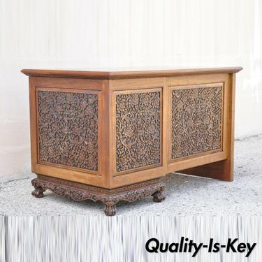 Vintage Chinese Carved Mahogany Pedestal Desk Flowers Birds and Leafy Scrolls