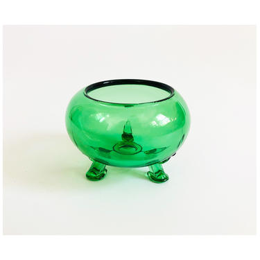 Vintage Green Tripod Base Art Glass Bowl 