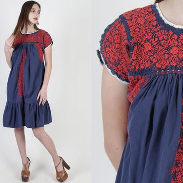 Navy Blue Red Embroidered Womens Oaxacan Mini Dress 
