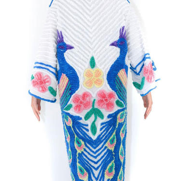Morphew Collection Blue  White Cotton Hand Embroidered Chenille Peacock Beach Coat 