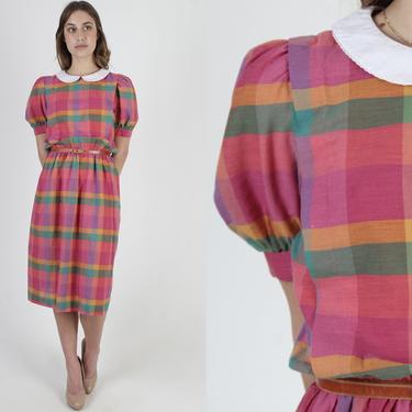 80s Rainbow Plaid Dress / White Tiny Scallop Roll Collar / Colorful Checkered Preppy Dress / Casual Bright Color Summertime Dress 