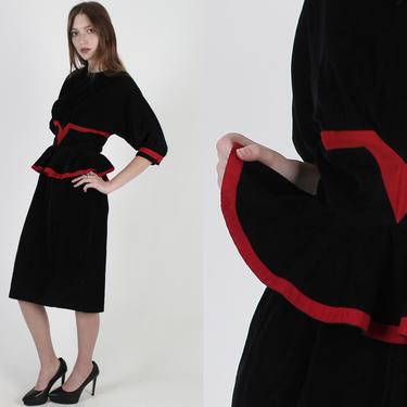 Vintage 80s Black Corduroy Dress Wiggle Tiered Peplum Dramatic Red Trim Mini Dress 