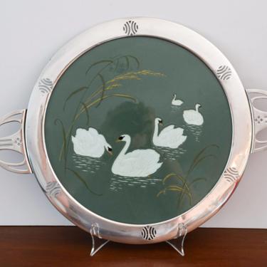 Vintage Silver Plate and Ceramic Swan Decorative Tray. Green and White Swan Wall Decor. Villeroy and Boch Dresden Serving Tray. 