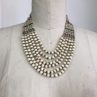 Vintage bib necklace, 1970s hippie necklace, ethnic bone necklace, chunky necklace, bohemian jewelry, 1980s statement necklace 
