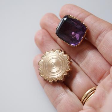 Pair of Victorian Brooches: Amethyst and Sunburst | Two Antique Late 1800s Pins with Gold Fill and Foil-Backed Glass 