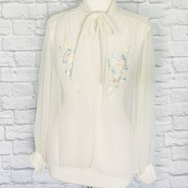 Vintage Cream Sheer Robe // Tie Front Embroidered Floral with Balloon Sleeves 