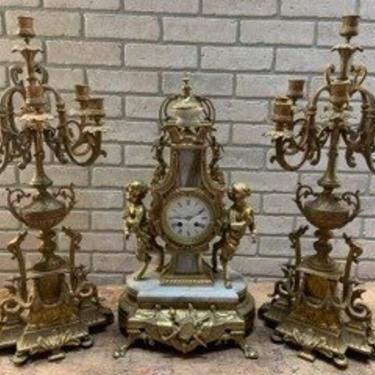 Antique Brass Ornate Mantle Clock and Candelabras - 3 Piece Garniture Set