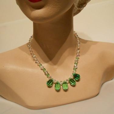 Blades of Springtime Grass - Vintage 1950s Facet Cut Crystal Green &amp; Clear Teardrop Necklace 