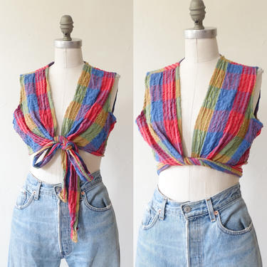 Vintage 70s Checked Cotton Crop Top/ 1970s Rainbow Wrap Top/ Summer Blouse/ Size Medium 